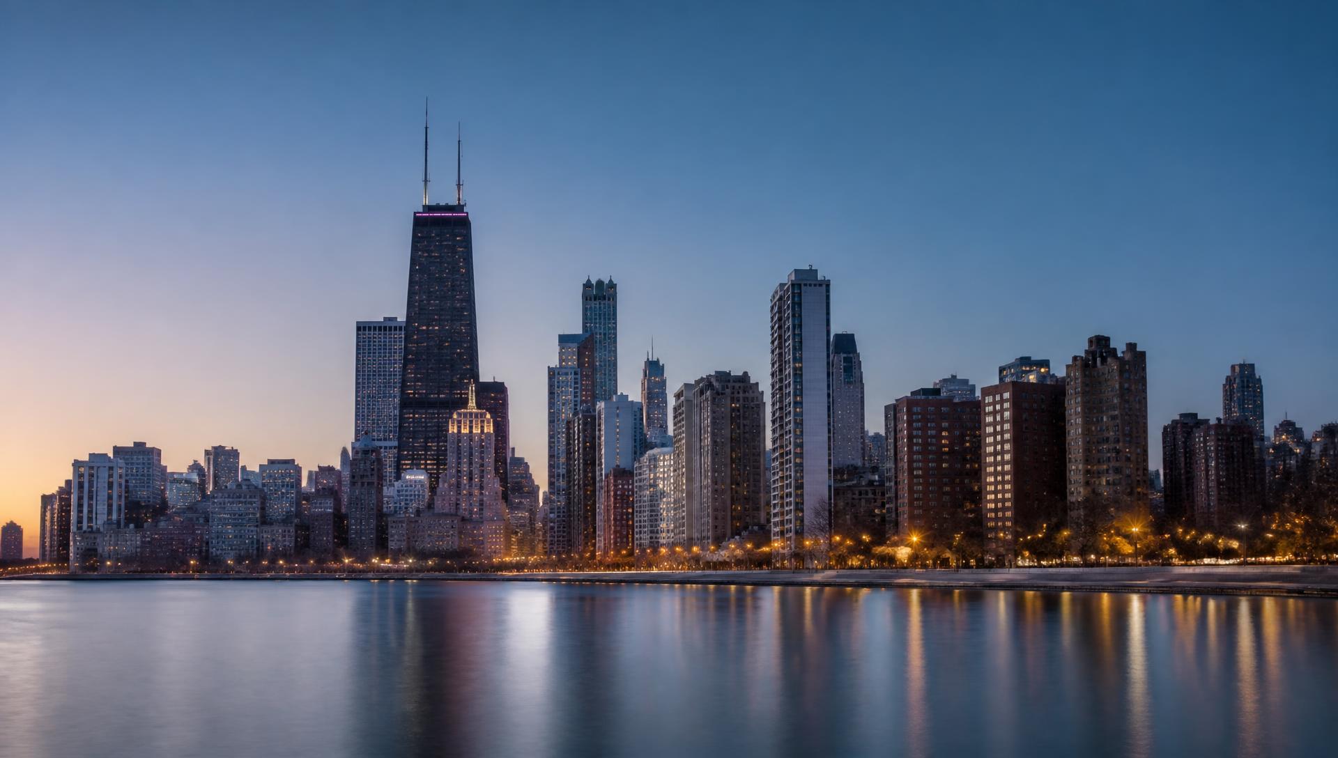 Panorama Chicago o świcie — miasto, w którym mieszka duża część Polonii w USA